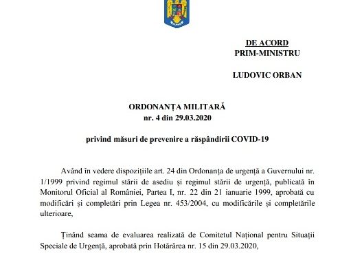 ORDONANȚA MILITARĂ nr. 4 din 29.03.2020 privind măsuri de prevenire a răspândirii COVID-19