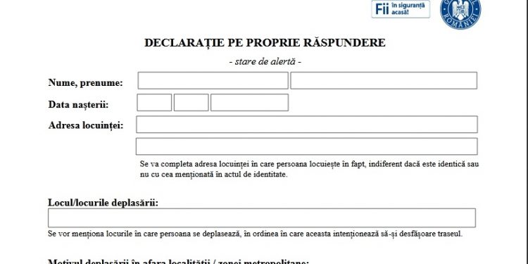 Noua declarație pe propria răspundere necesară pentru a ieși din localitate în perioada stării de alertă