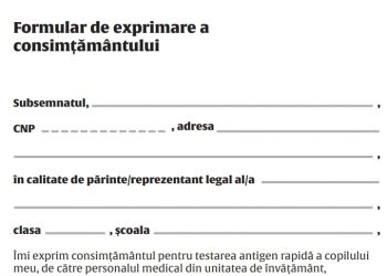 MS a publicat formularul de consimțământ al părinților pentru testarea copiilor la școală. Recomandă părinților să ducă la școală acordul completat din prima zi