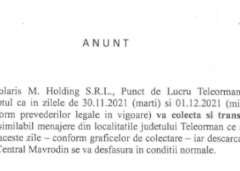 Polaris M. Holding va colecta și transporta deșeuri în zilele de 30 noiembrie și 1 decembrie