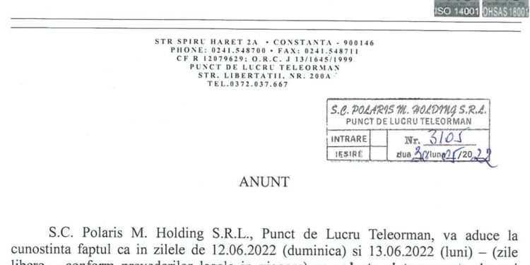 ANUNȚ POLARIS M. Holding