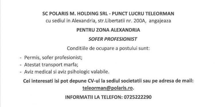 Polaris M Holding angajează șofer
