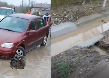 Drumuri ca după bombardament, în Ștorobăneasa. Mașinile au rămas blocate în găurile din asfalt  VIDEO