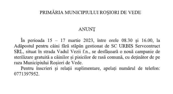 Campanie de sterilizare gratuită a câinilor și pisicilor de rasă comună, cu deținător de pe raza Municipiului Roșiori de Vede