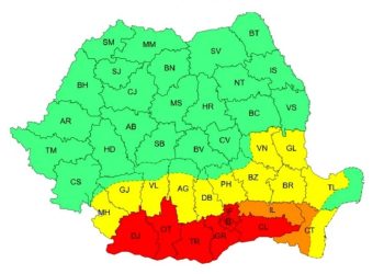 Cod roșu de caniculă în Teleorman, Dolj, Olt, Giurgiu, Călărași, Ilfov și București. / Coduri portocalii şi galbene, în 13 judeţe
