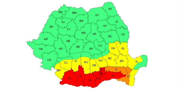 Cod roșu de caniculă în Teleorman, Dolj, Olt, Giurgiu, Călărași, Ilfov și București. / Coduri portocalii şi galbene, în 13 judeţe