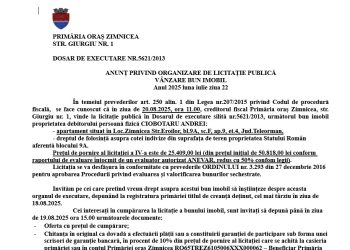 Primăria Orașului Zimnicea: Anunț privind organizarea de licitație publică vânzare bun imobil. Anul 2025, luna iulie, ziua 22