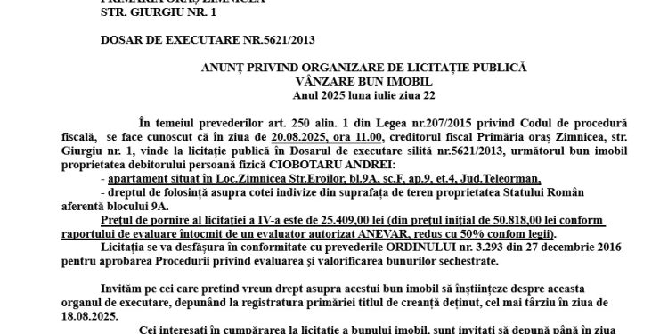 Primăria Orașului Zimnicea: Anunț privind organizarea de licitație publică vânzare bun imobil. Anul 2025, luna iulie, ziua 22